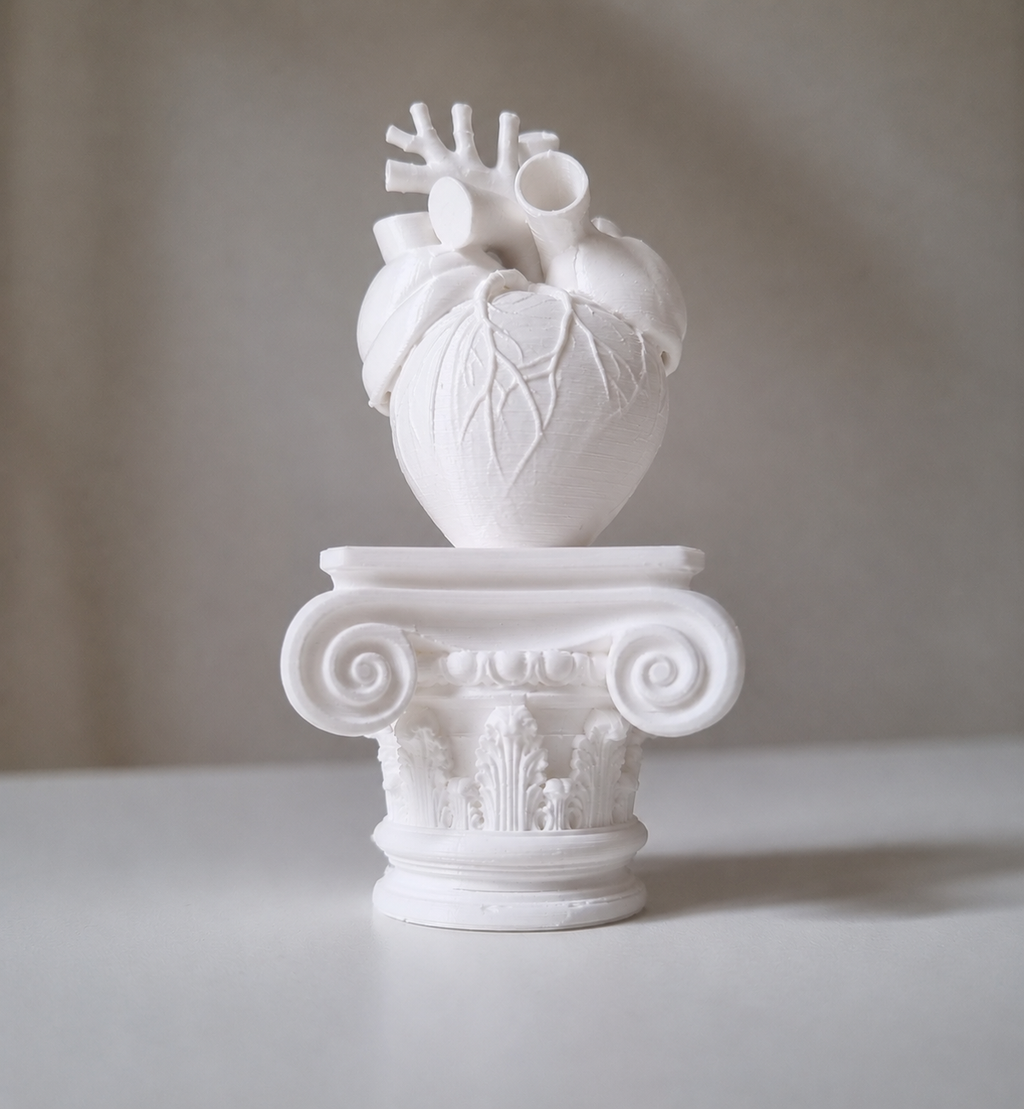 Cuore umano su capitello greco in stampa 3d bianco